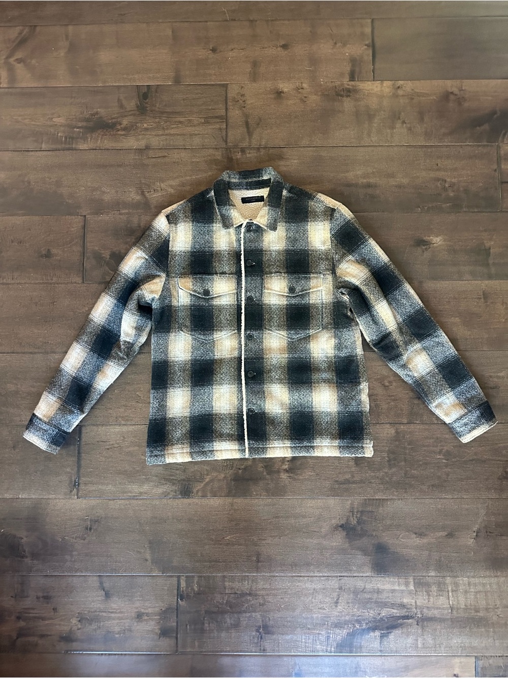AllSaints Black and Cream Plaid Sherpa-Trim Shirt Jacket